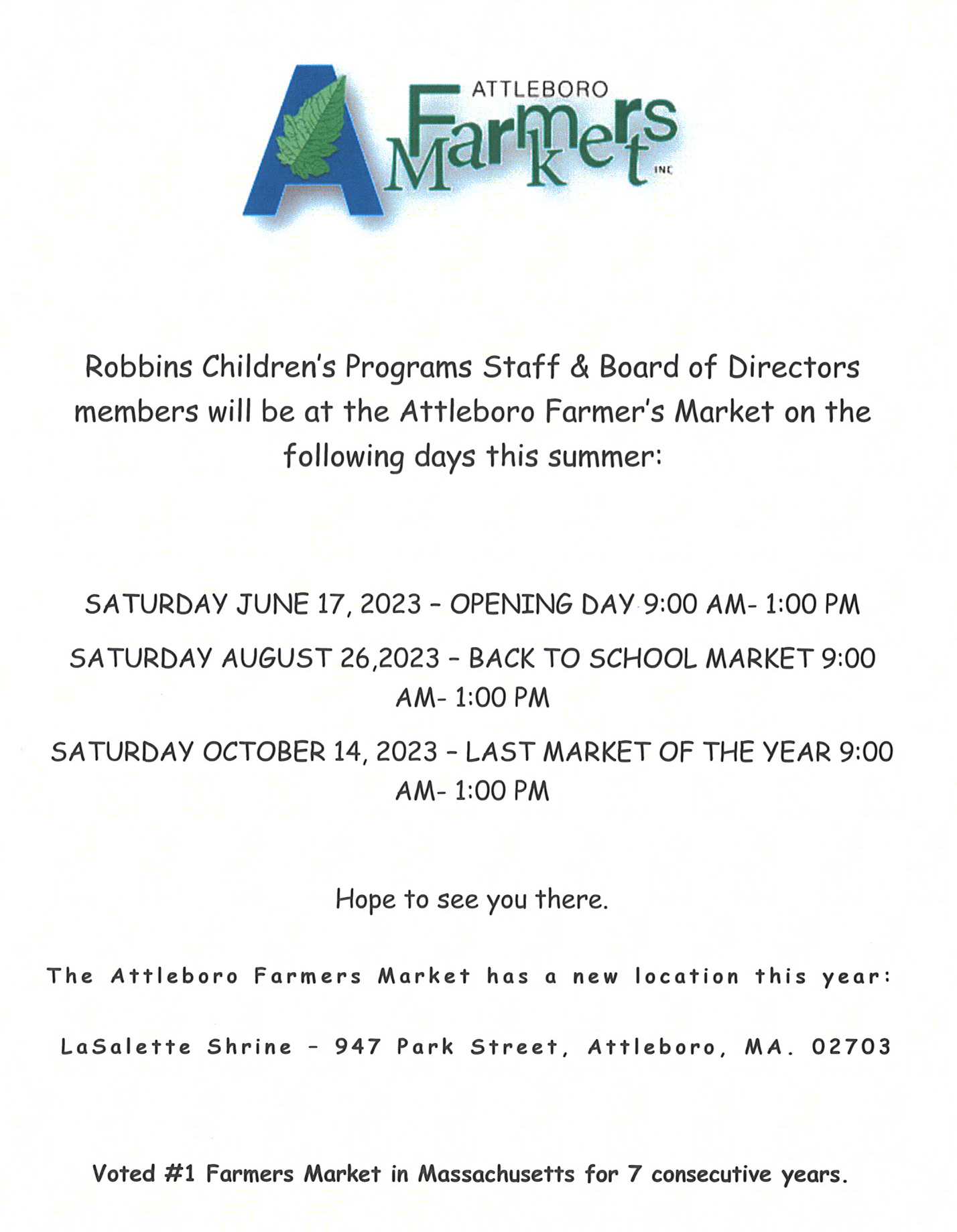 Attleboro Farmers Market Multiple Dates Robbins Children's Programs