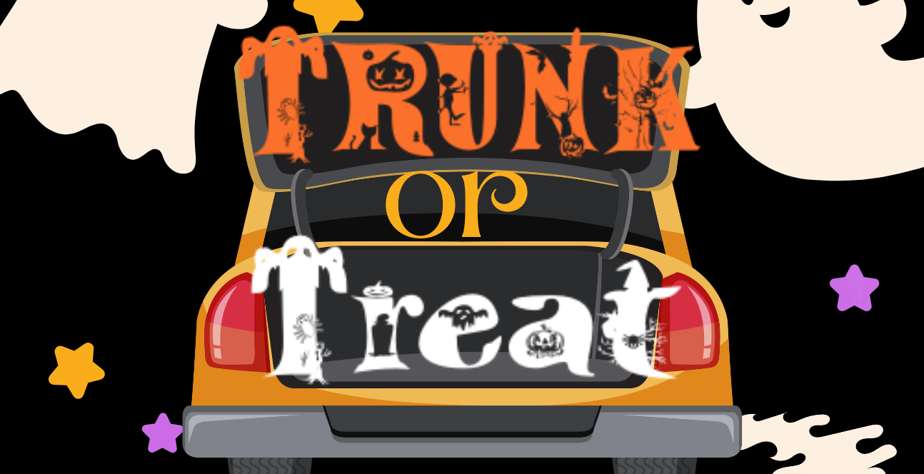 This image is related to a Greater Attleboro area Halloween event that is being held at Robbins Children's Program. It shows ghosts and witches and has the words "Trunk or Treat" appearing over the open back trunk of a butterscotch-colored car. It is also has black background and some stars.